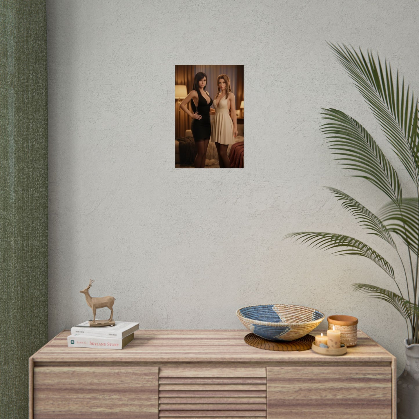Tifa Aerith Poster, Final Fantasy Art Print – RPG Duo Collector Wall Art framed on neutral wall above console as gamer room decor