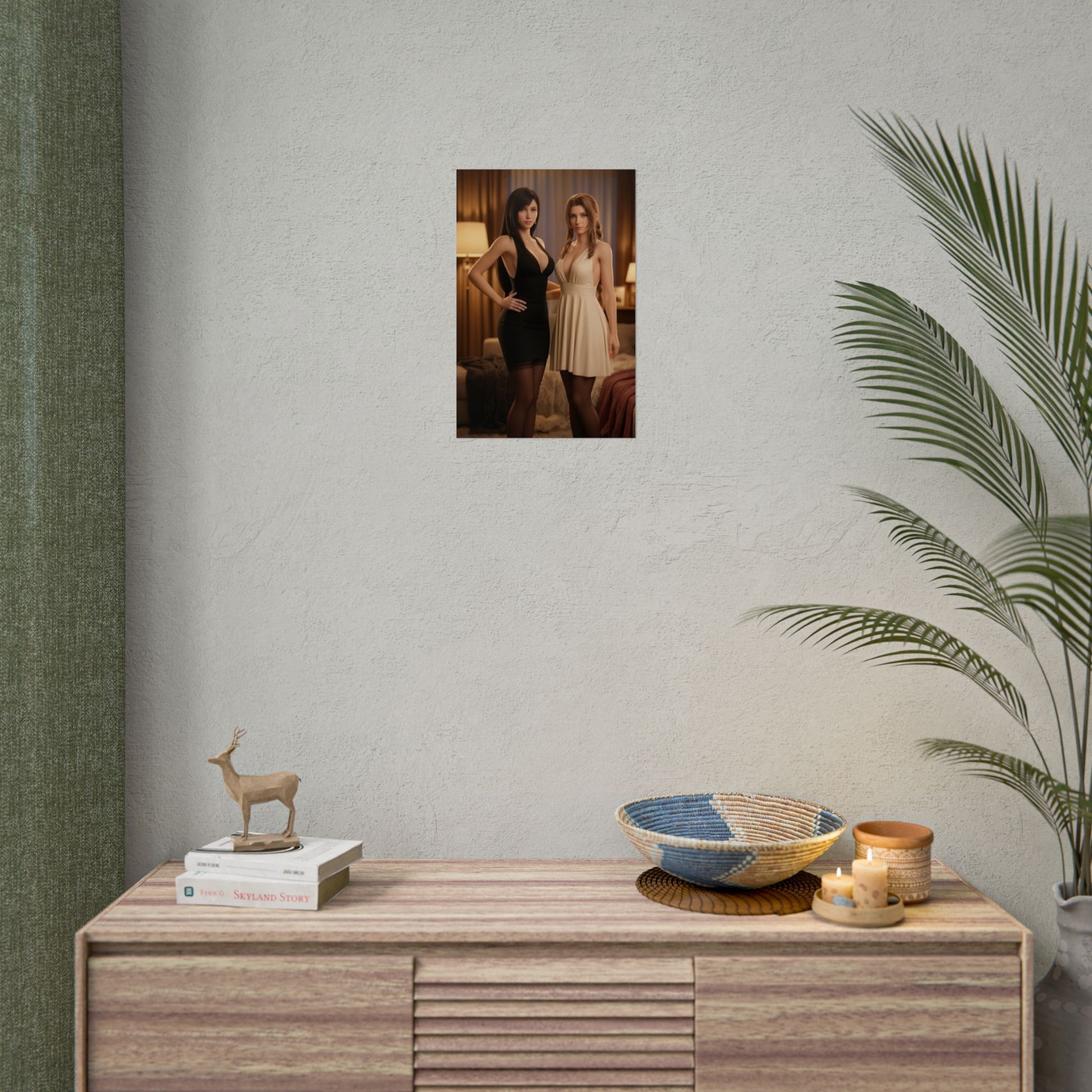 Tifa Aerith Poster, Final Fantasy Art Print – RPG Duo Collector Wall Art framed on neutral wall above console as gamer room decor