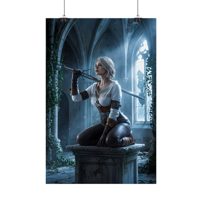 Ciri Poster, Witcher Series Print, Legendary RPG Hero Art Wall Decor – Ciri kneeling with sword in gothic ruined hall, fantasy gaming wall art