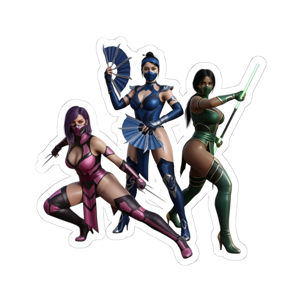 Kitana, Jade, Mileena Sticker – Mortal Kombat Vinyl Sticker for Laptops & Indoor Decor featuring three warriors on glossy durable vinyl