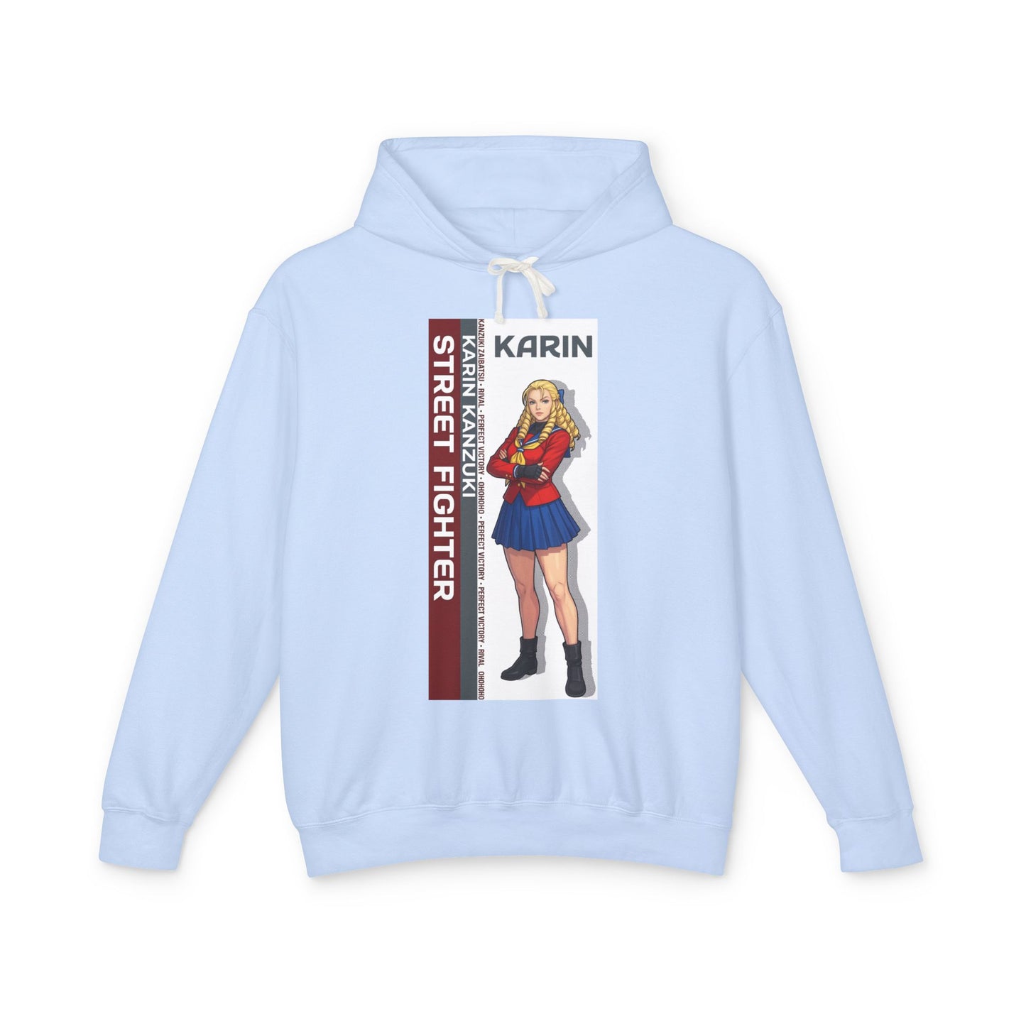 Karin Hoodie | Street Fighter Hoodie | Anime Elegant Fighter Pullover featuring Karin anime illustration on light blue pullover