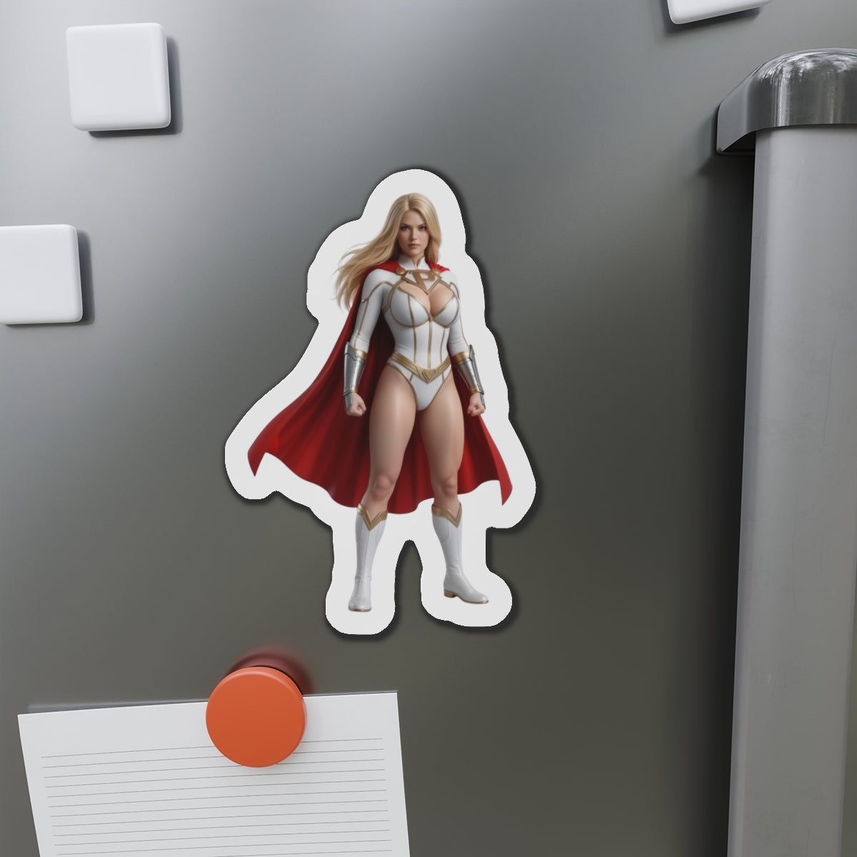 Power Girl Magnet – DC Comic Heroine Fridge Magnet, Anime Style Decor die-cut vinyl magnet on stainless fridge showcasing bold anime-style Power Girl artwork