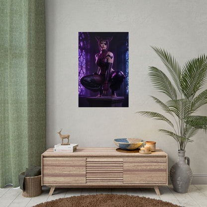 Juri Han Street Fighter Poster – Iconic Fighting Game Heroine Wall Art on modern living room wall, vivid purple arcade-style print