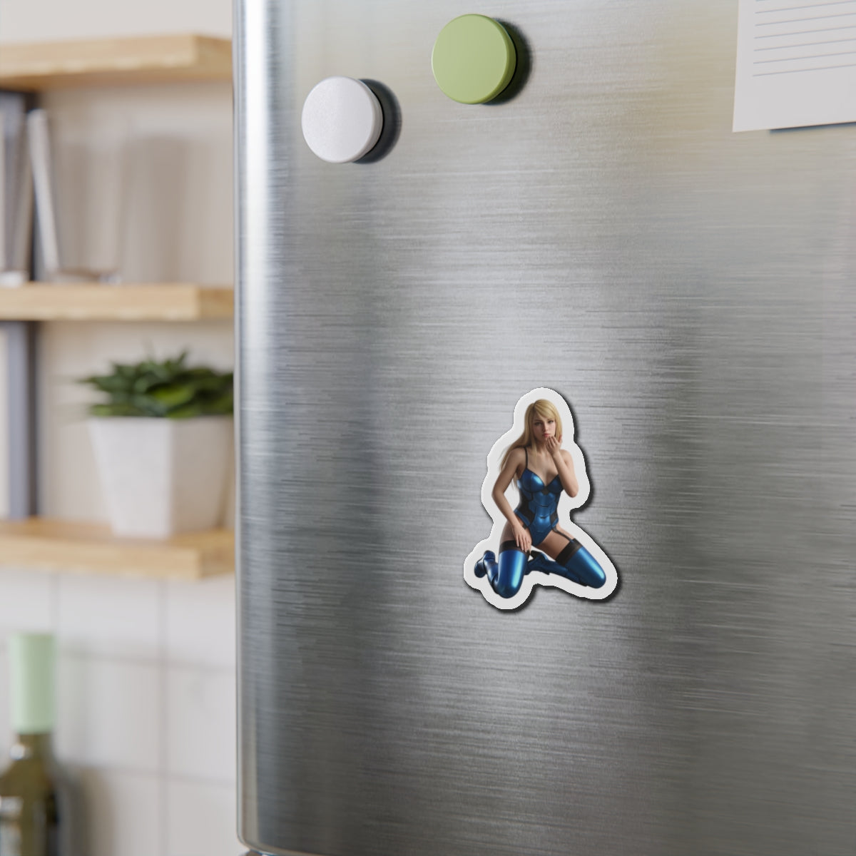 Samus Aran Magnet – Sci-Fi Game Heroine Fridge Magnet, Anime Style Decor on stainless fridge showing die-cut vinyl magnet of heroine