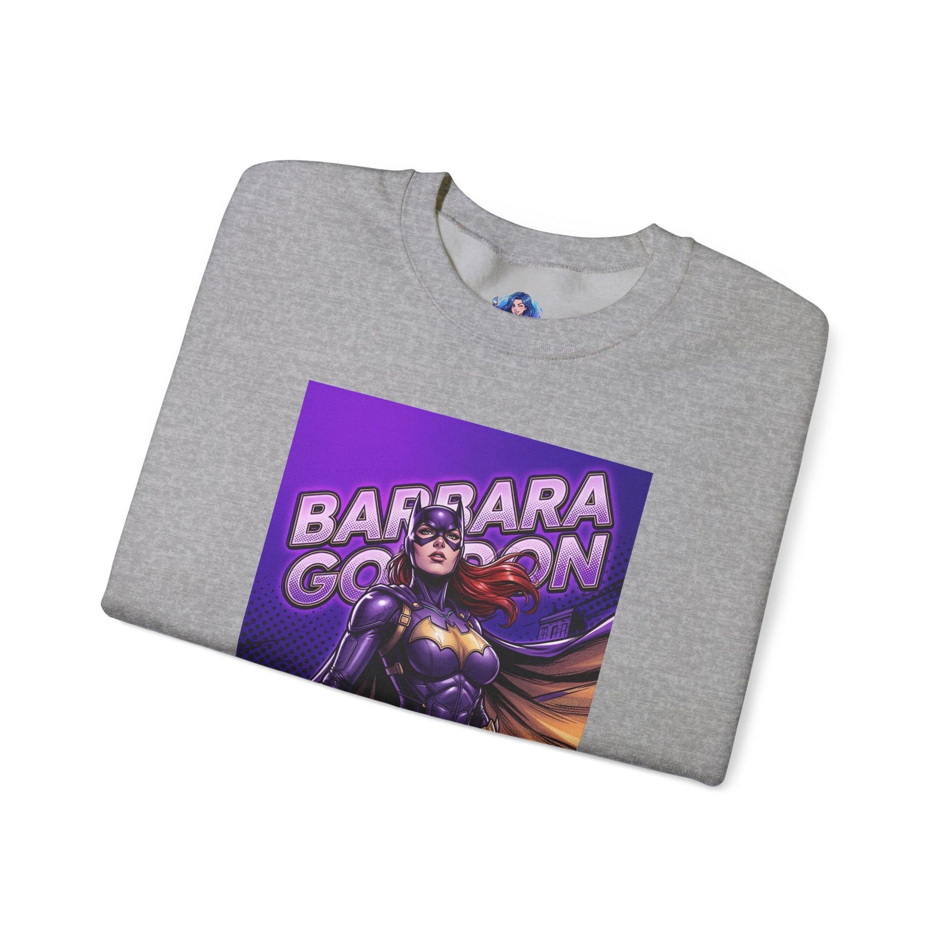 Batgirl Sweatshirt, DC Comics Crewneck, Gotham Hero Fan Apparel featuring purple-and-gold Batgirl graphic with flowing red hair on gray crewneck
