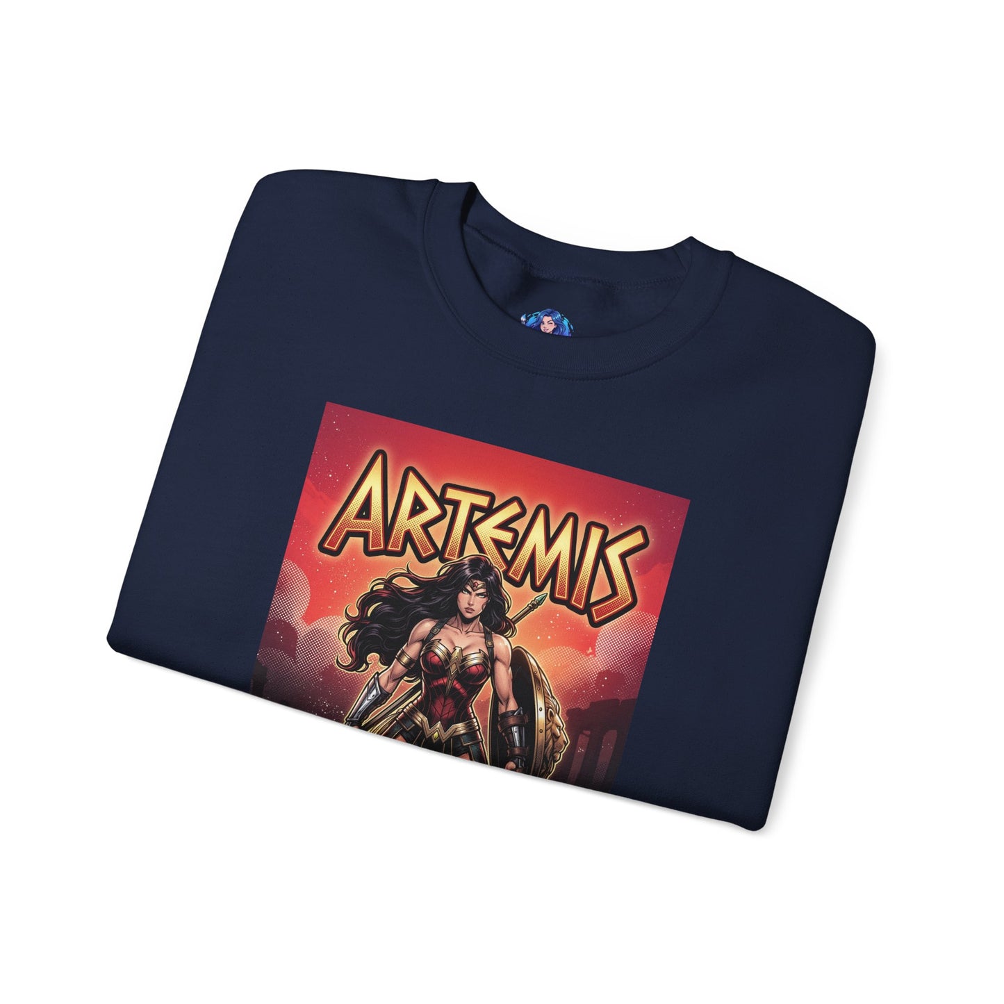 Artemis Sweatshirt, DC Comics Warrior Art, Premium Hero Apparel folded navy crewneck showing Artemis in armor with spear and bold logo