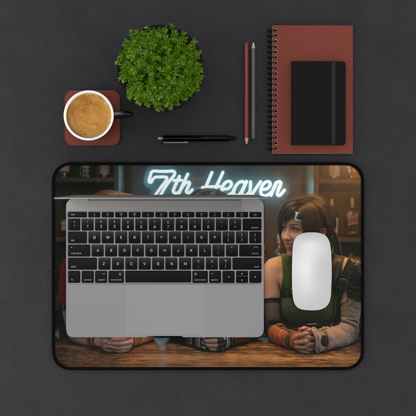 Tifa Aerith Yuffie Gaming Mouse Pad, Final Fantasy Desk Mat, RPG Heroine Setup - HD heroine artwork on desk mat with laptop and mouse