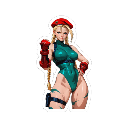 Cammy White Sticker – Street Fighter Vinyl Sticker for Laptops & Indoor Decor showing bold glossy Cammy artwork ideal for laptops, journals, and indoor decor