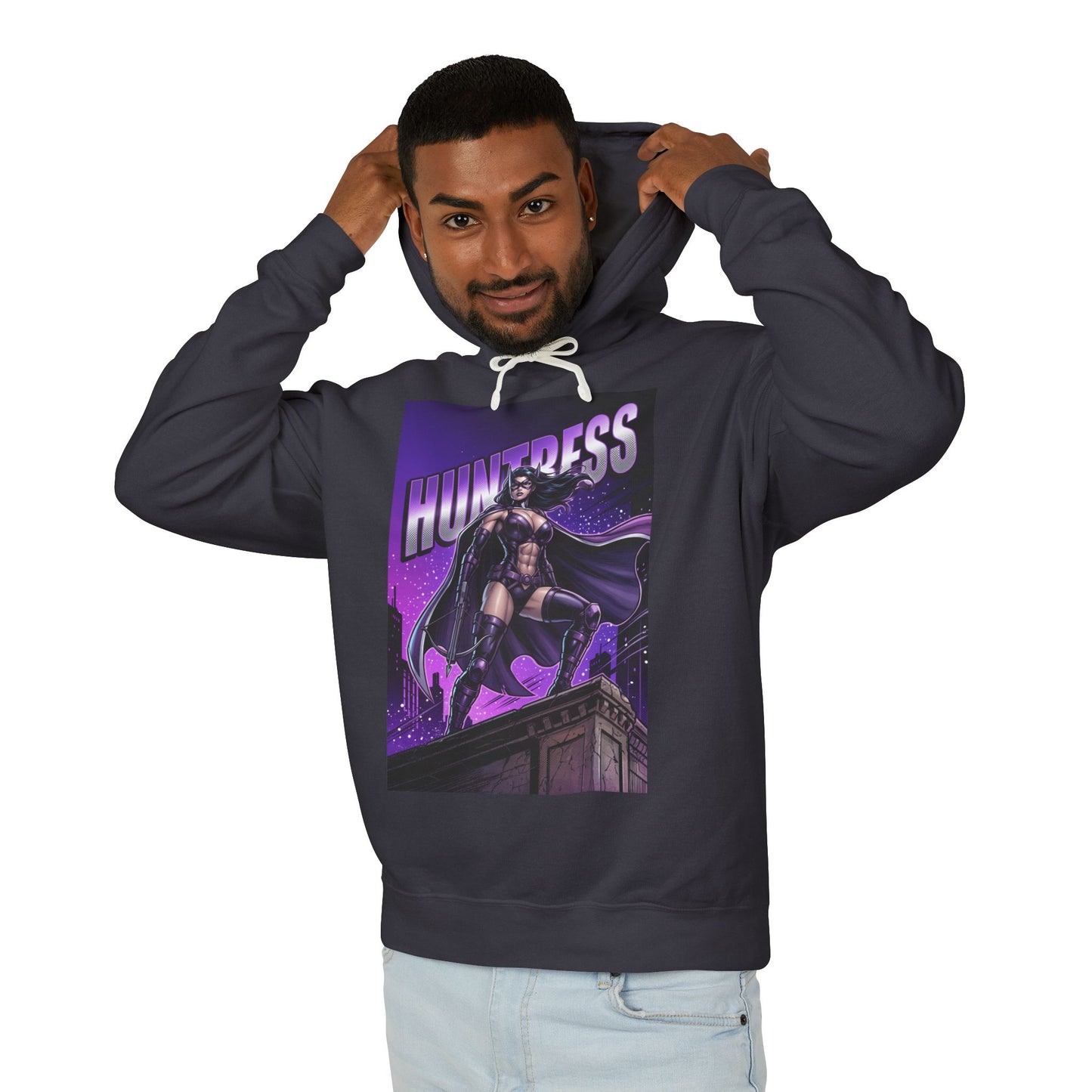Huntress Hoodie | DC Vigilante Hoodie | Gotham Avenger Pullover - dark graphic pullover showing Huntress on rooftop, soft cotton streetwear