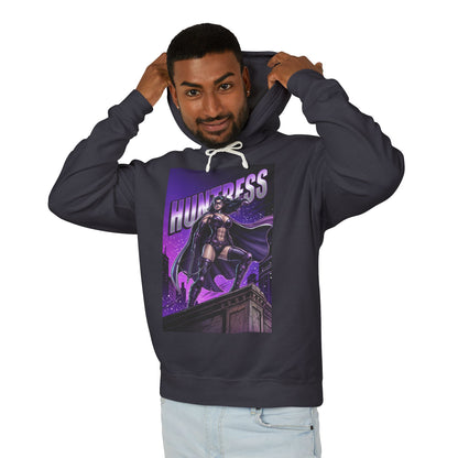 Huntress Hoodie | DC Vigilante Hoodie | Gotham Avenger Pullover - dark graphic pullover showing Huntress on rooftop, soft cotton streetwear