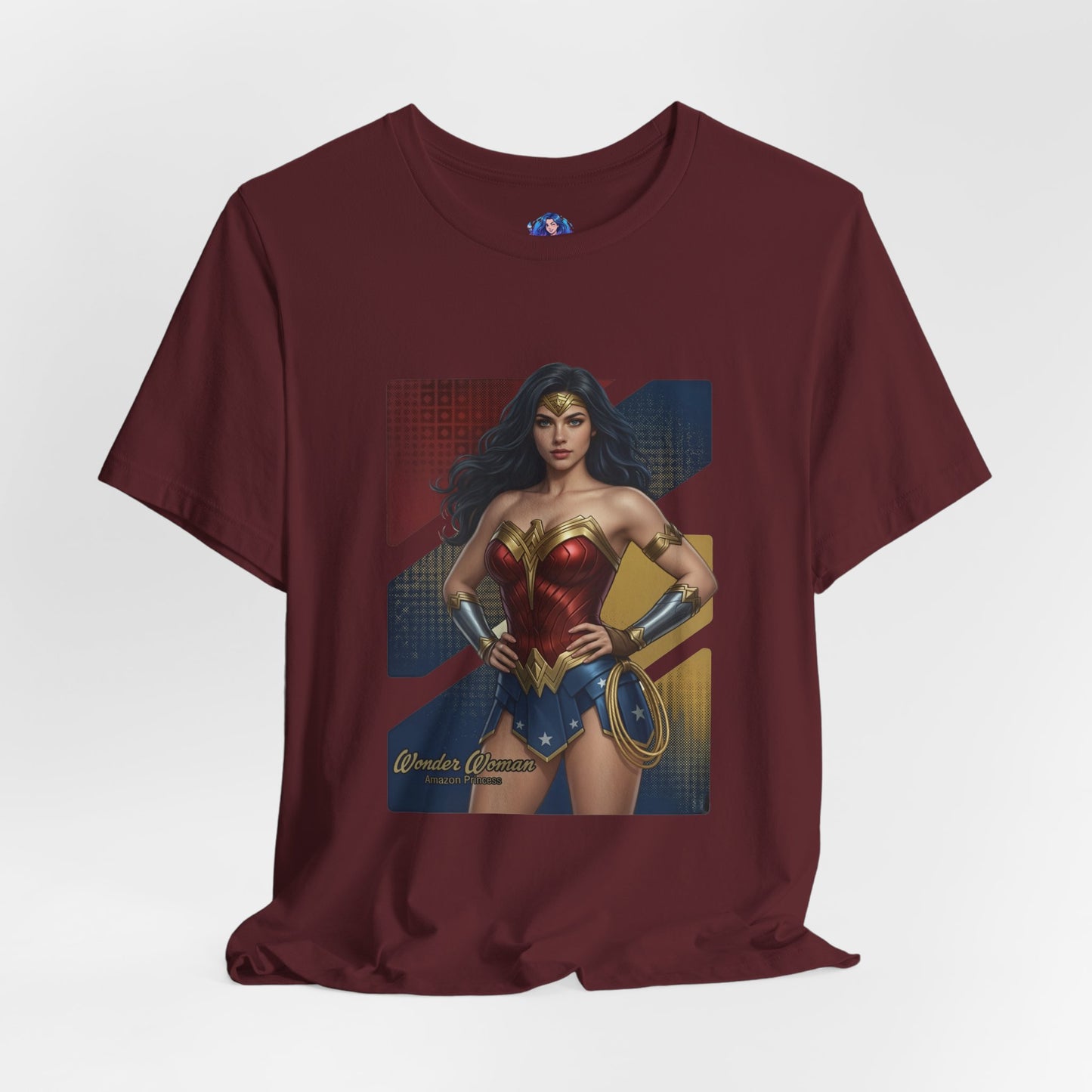 Wonder Woman T-Shirt | DC Comics Anime Tee for Gamers & Hero Fans - anime-style Wonder Woman on burgundy Bella Canvas 3001 tee