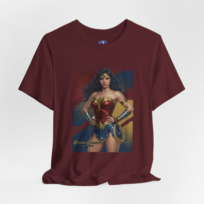 Wonder Woman T-Shirt | DC Comics Anime Tee for Gamers & Hero Fans - anime-style Wonder Woman on burgundy Bella Canvas 3001 tee