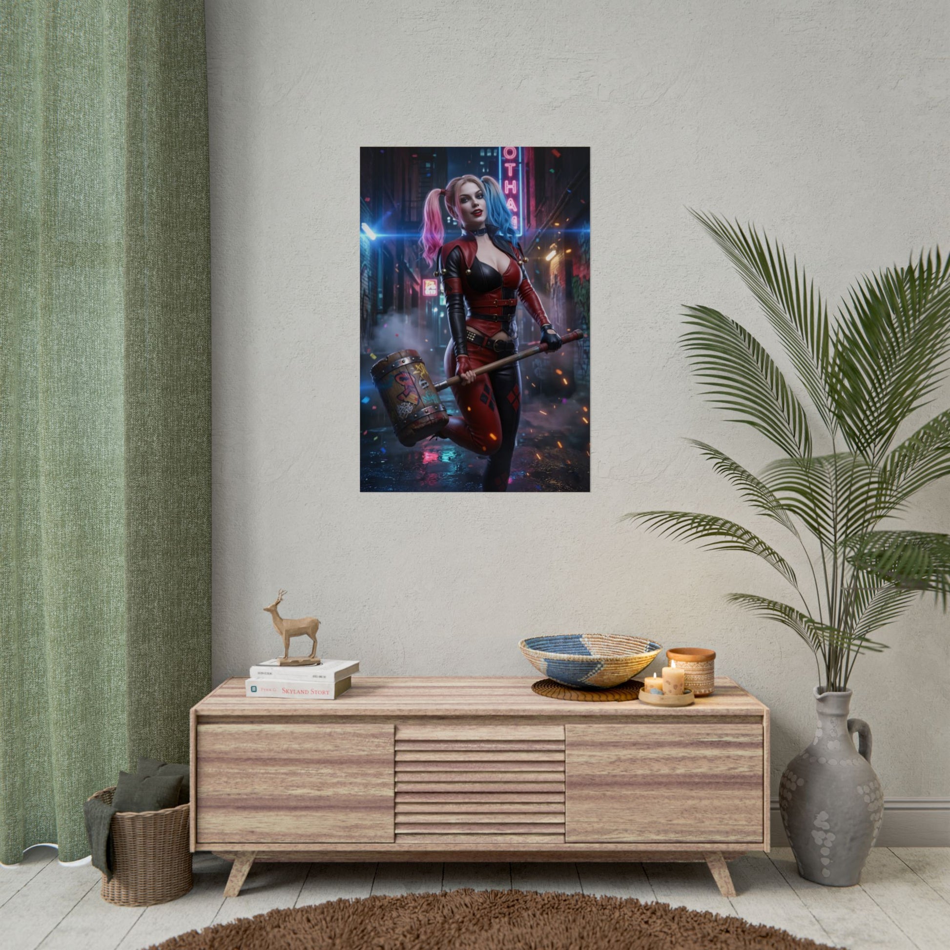 Harley Quinn Poster, DC Comics Art Print – Iconic Anti-Heroine Wall Art displayed above modern console in stylish gaming room decor