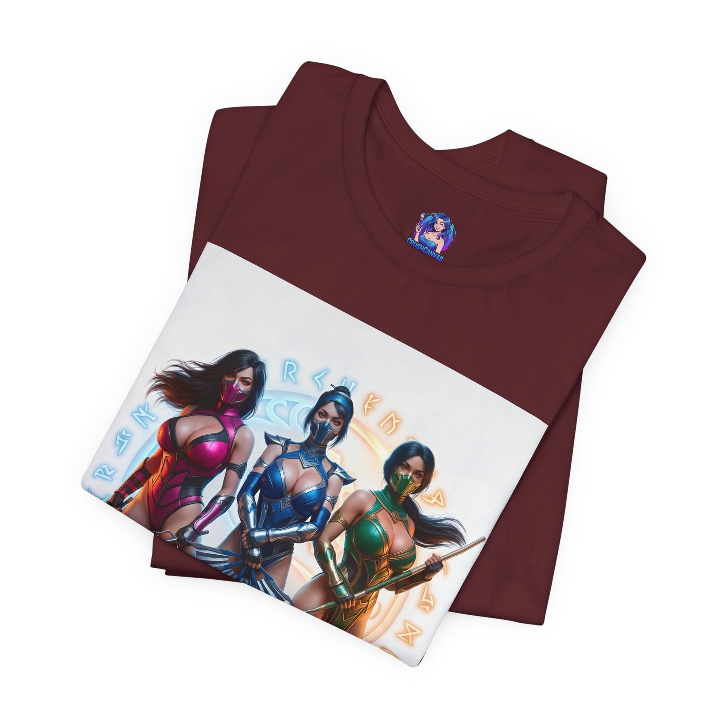 Kitana Jade and Mileena T-Shirt | Mortal Kombat Anime Tee for Gamers & Fans - folded maroon tee with anime-style Kitana, Jade, Mileena trio print