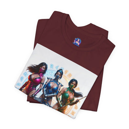 Kitana Jade and Mileena T-Shirt | Mortal Kombat Anime Tee for Gamers & Fans - folded maroon tee with anime-style Kitana, Jade, Mileena trio print