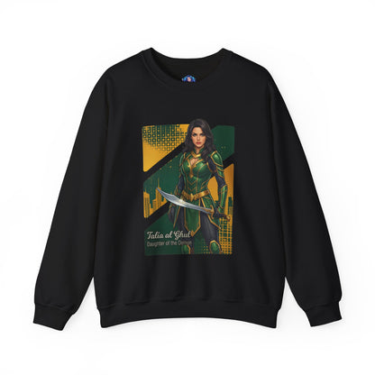 Talia al Ghul Sweatshirt, DC Comics Crewneck, Elegant Villain Apparel for Fans black crewneck with detailed Talia al Ghul artwork and sword