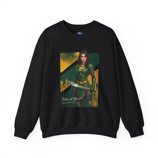 Talia al Ghul Sweatshirt, DC Comics Crewneck, Elegant Villain Apparel for Fans black crewneck with detailed Talia al Ghul artwork and sword