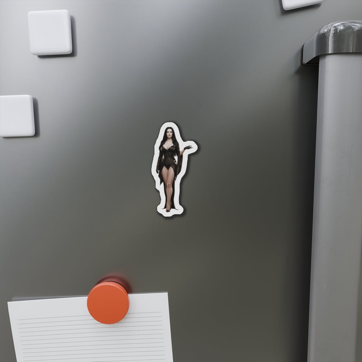Morticia Addams Magnet – Gothic Icon Fridge Magnet, Anime Style Decor die-cut vinyl on gray fridge showcasing anime-style Morticia Addams magnet