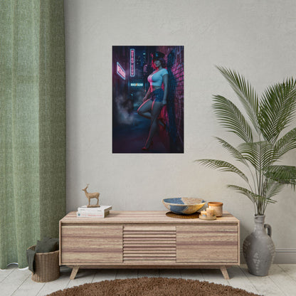 Poison Street Fighter Poster – Iconic Fighting Game Heroine Wall Art showing neon-lit poster on a modern living room wall