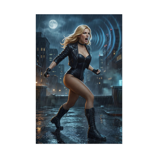 Black Canary DC Poster – Iconic Superheroine Wall Art for Gamer Decor, dynamic rainy rooftop scene with sonic scream
