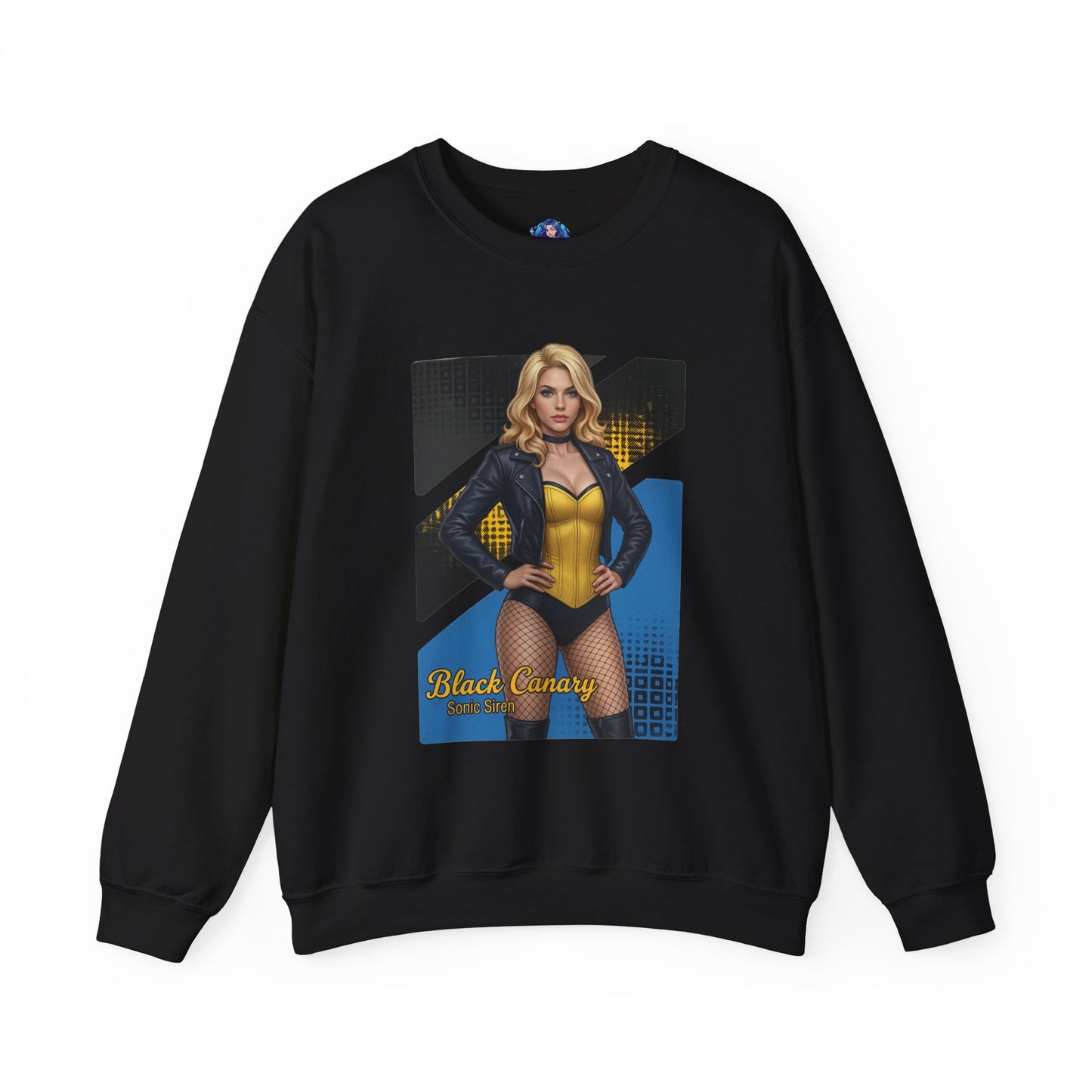 Black Canary Sweatshirt, DC Comics Crewneck, Classic Superhero Apparel for Fans — black crewneck with stylized Black Canary artwork featuring blonde heroine and bold graphic