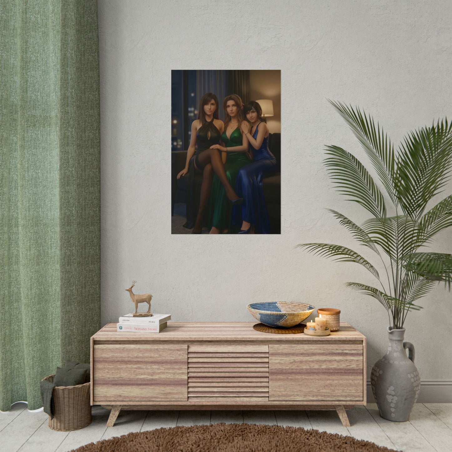 Tifa Aerith Yuffie Poster, Final Fantasy VII Art Print – RPG Heroine Trio hanging in modern gamer room over console