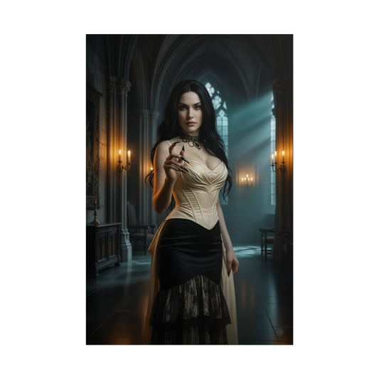 Lady Dimitrescu Poster Resident Evil Wall Art Print Gothic Decor — cinematic portrait of vampire noblewoman in candlelit gothic castle hall
