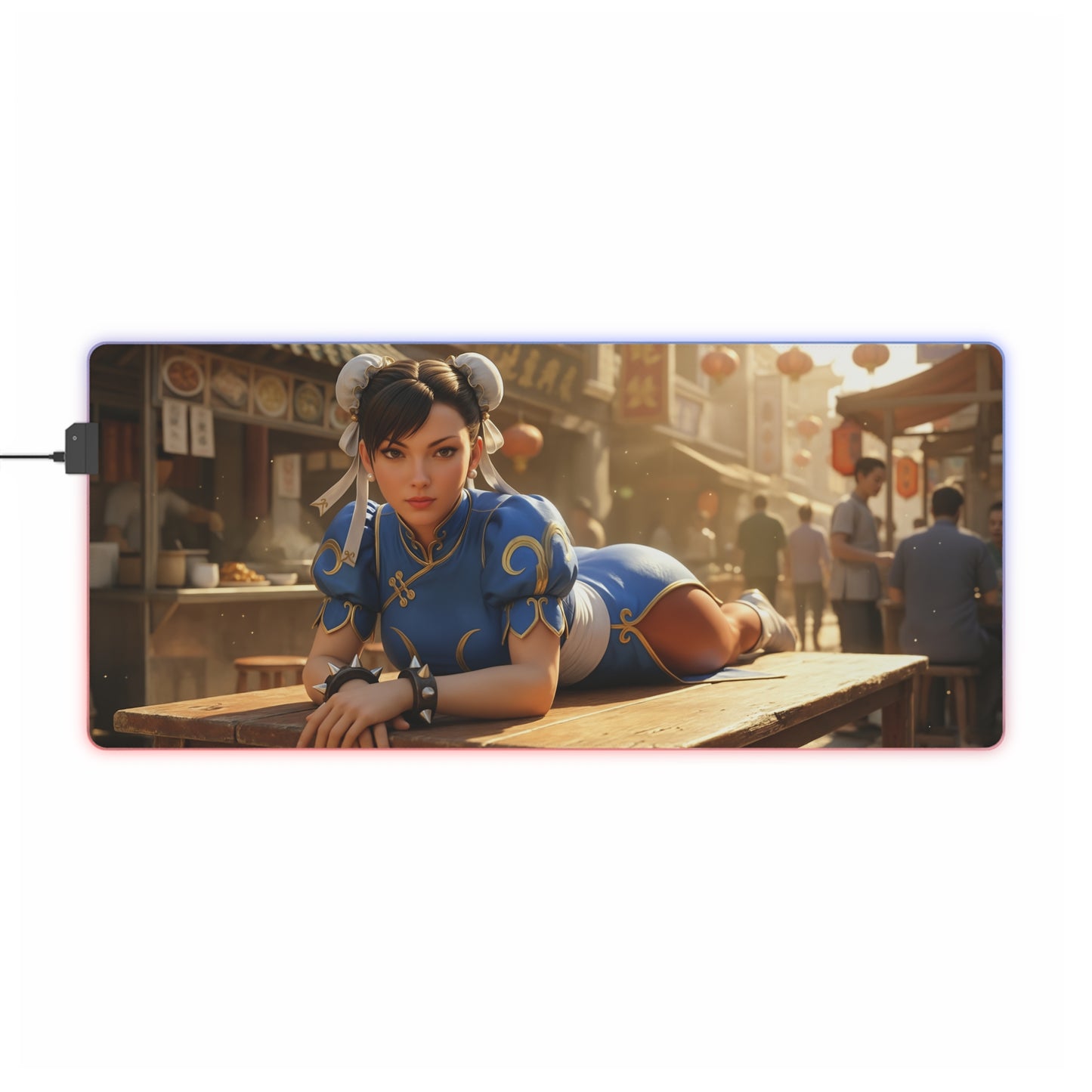 Chun-Li Desk Mat – LED RGB Pad, Waifu Fighter Anime Girl Setup showing Chun-Li in blue qipao pose on LED gaming desk mat