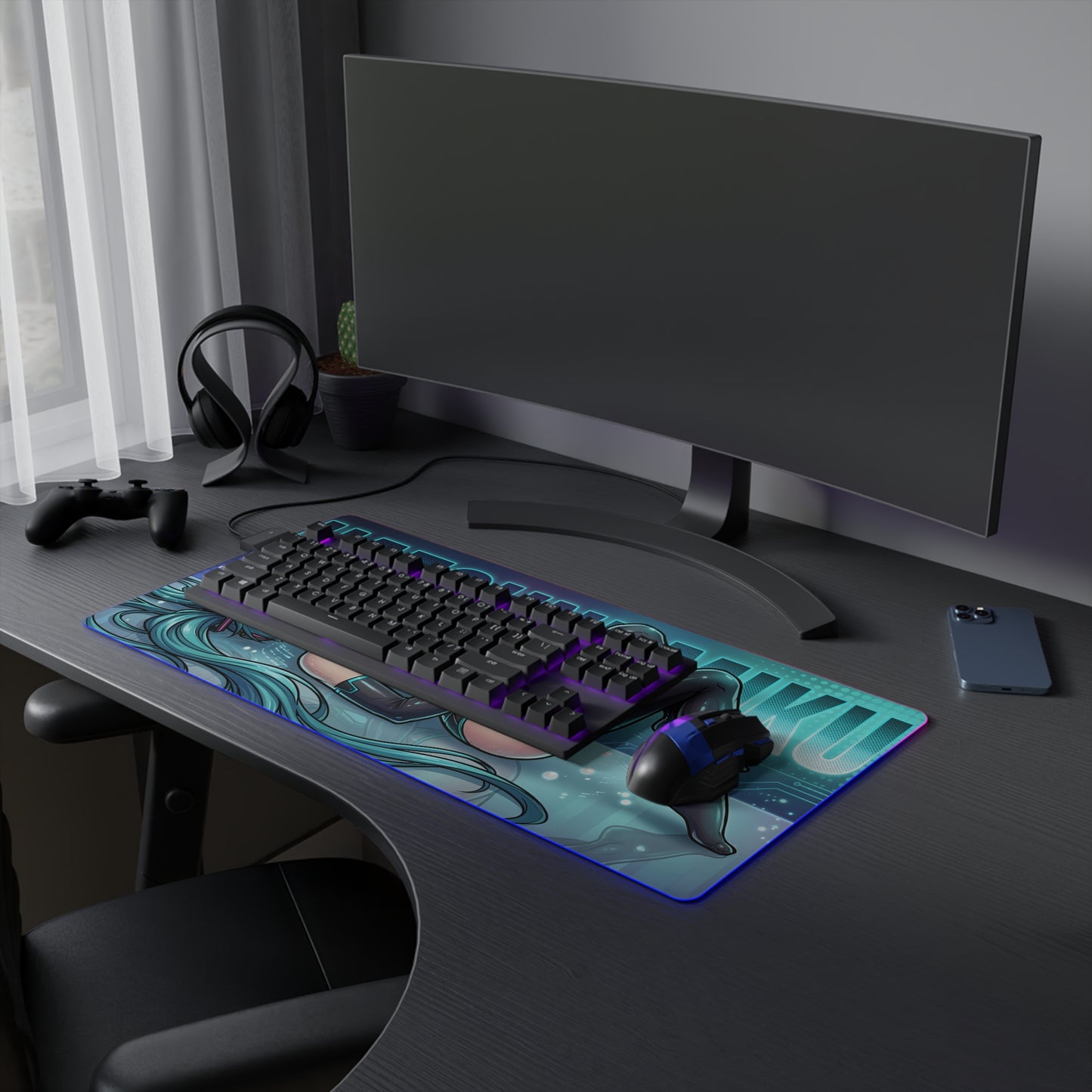 Hatsune Miku RGB Desk Mat, Anime Gaming Mouse Pad, LED Desk Mat for Gamer Setup — blue futuristic anime RGB mouse pad on gaming desk