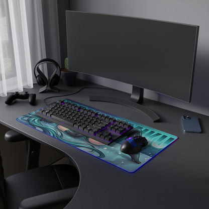 Hatsune Miku RGB Desk Mat, Anime Gaming Mouse Pad, LED Desk Mat for Gamer Setup — blue futuristic anime RGB mouse pad on gaming desk