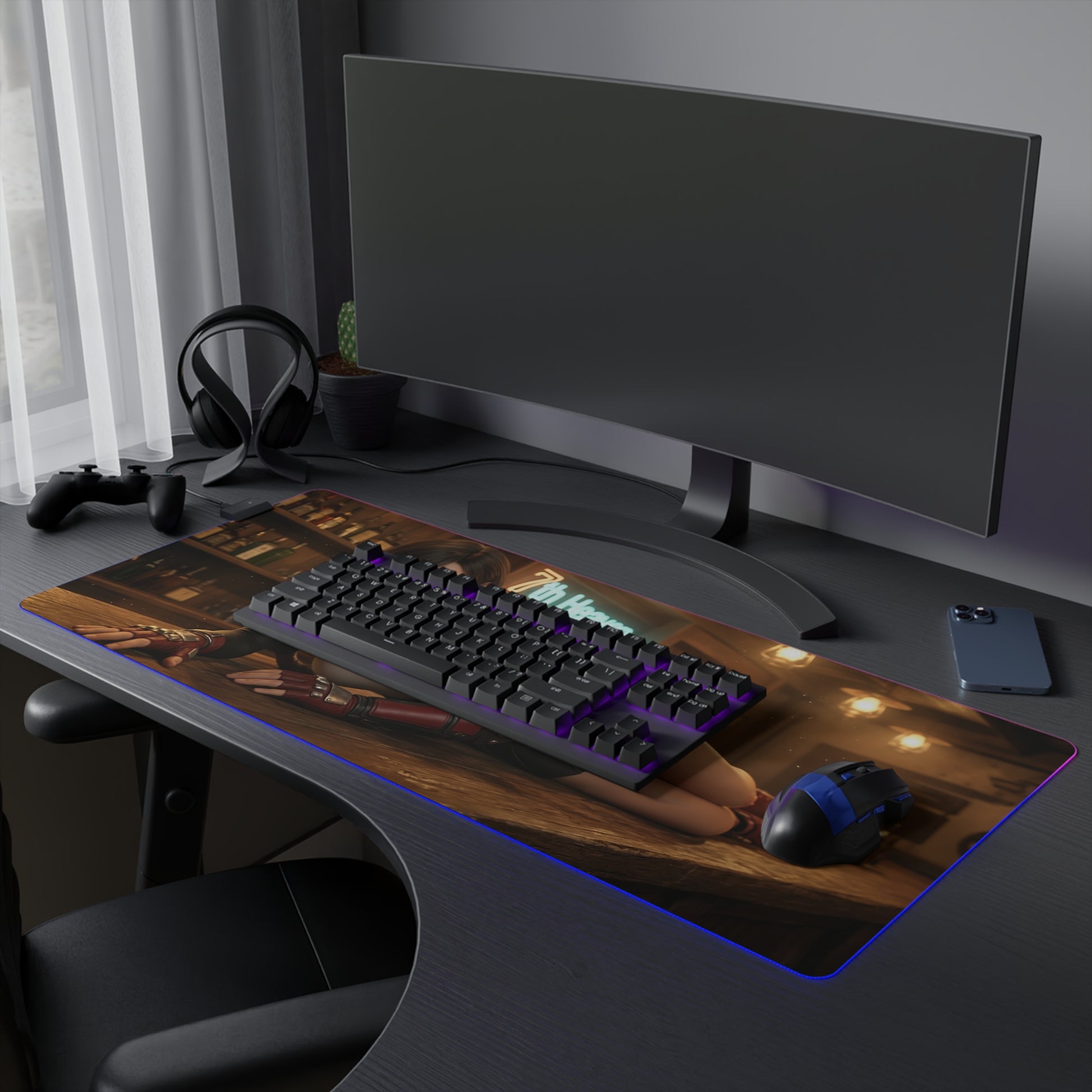 Tifa Lockhart Desk Mat – LED RGB Pad, Waifu Fighter Anime Girl Setup — RGB gaming desk mat with smooth cloth surface and anime fighter artwork