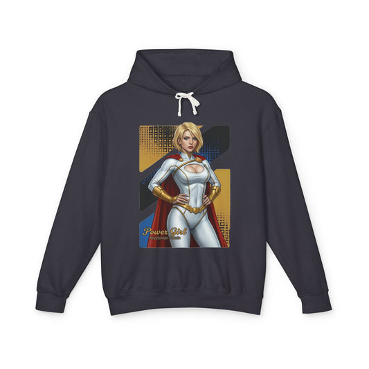 Power Girl Hoodie | DC Comics Hoodie | Anime Superheroine Pullover navy hoodie with anime-style Power Girl illustration, cape and bold graphic