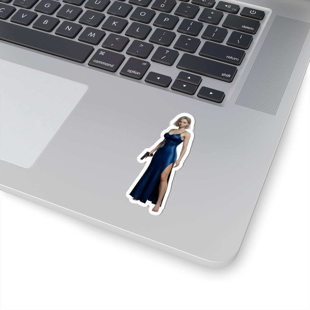 Grace Ashcroft Sticker, Resident Evil Sticker, Gaming Desk Decor, Gift for Gamer - glossy vinyl laptop decal of Grace in blue gown holding handgun