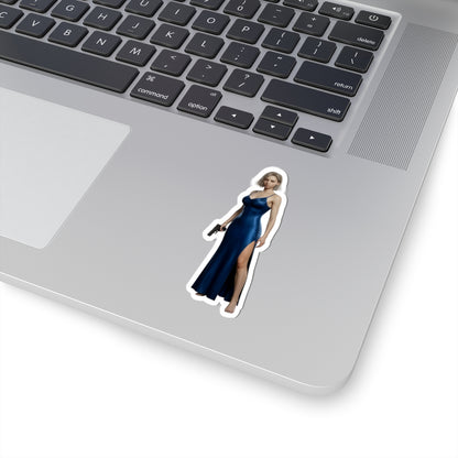 Grace Ashcroft Sticker, Resident Evil Sticker, Gaming Desk Decor, Gift for Gamer - glossy vinyl laptop decal of Grace in blue gown holding handgun