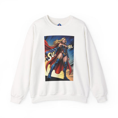 Supergirl Sweatshirt, DC Comics Crewneck, Iconic Superhero Fan Apparel — white crewneck showing bold comic-style Supergirl graphic
