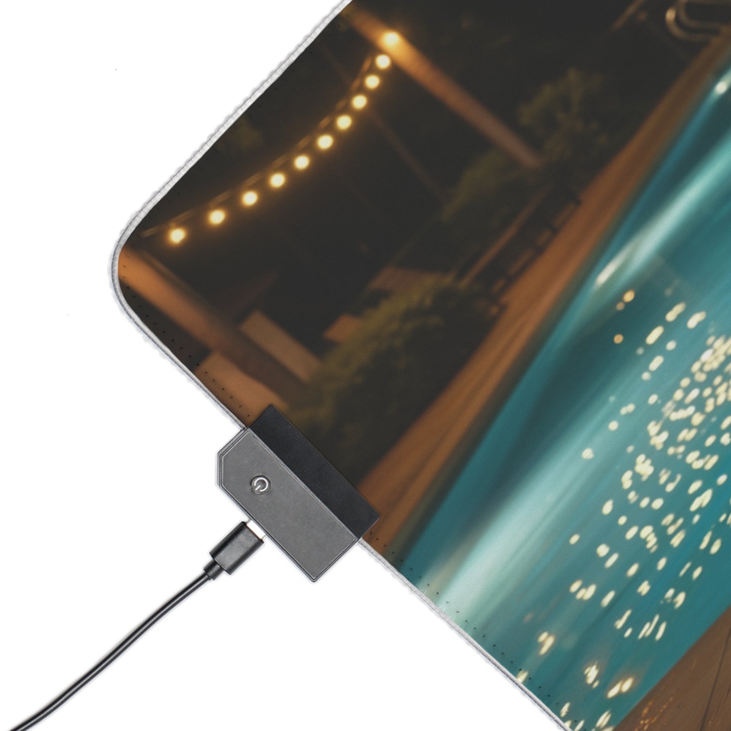 Ada Wong, Claire Redfield & Jill Valentine Desk Mat – LED RGB Pad showing corner USB controller and poolside nightscape lighting