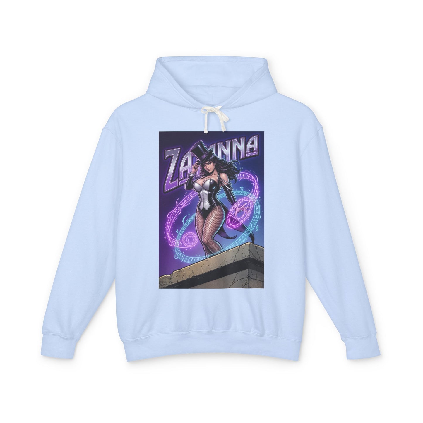 Zatanna Hoodie | DC Magic Hero Hoodie | Master Illusionist Pullover – light blue pullover with Zatanna stage magician graphic and arcane purple magic rings