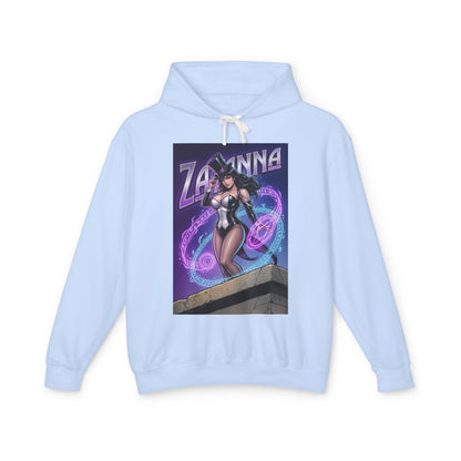 Zatanna Hoodie | DC Magic Hero Hoodie | Master Illusionist Pullover – light blue pullover with Zatanna stage magician graphic and arcane purple magic rings