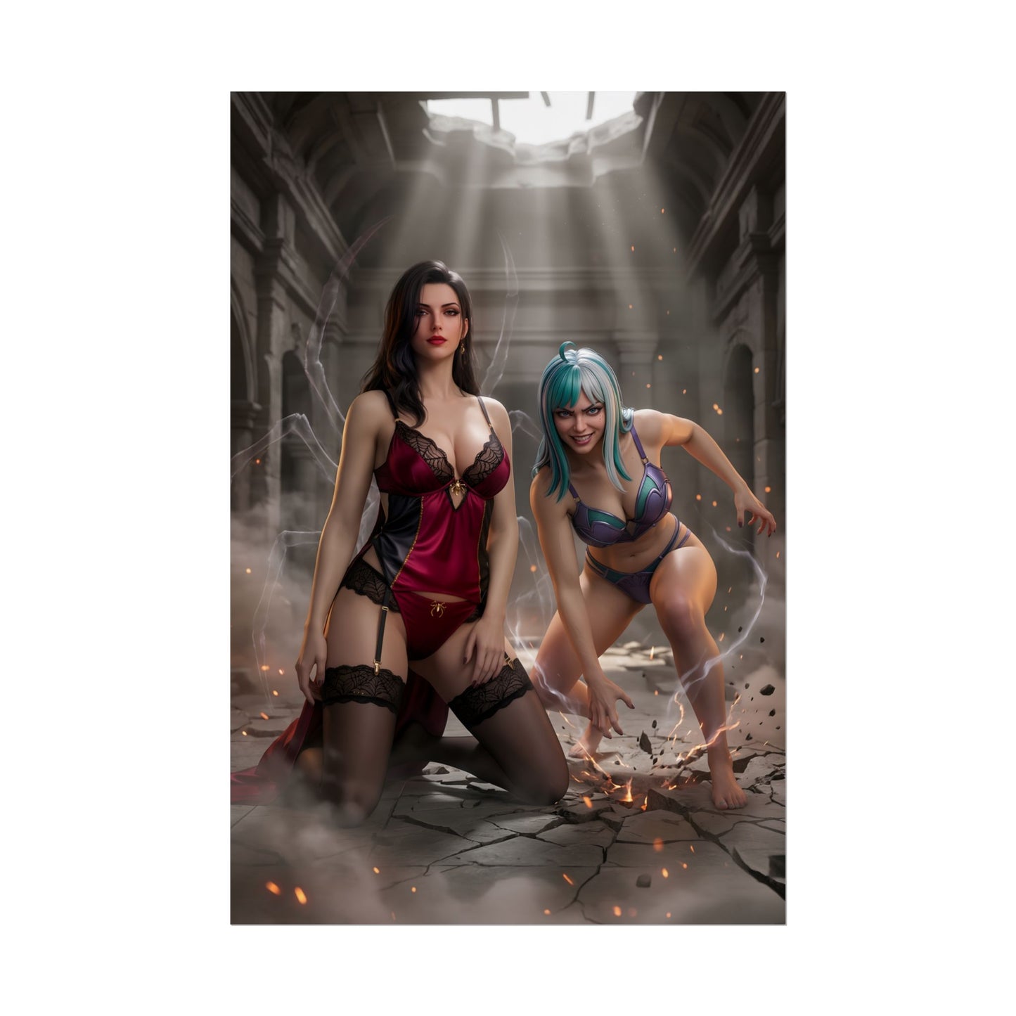 Black Maria & Ulti Poster / Black Maria & Ulti Wall Art / Black Maria & Ulti Art Print / One Piece Poster dramatic duo portrait with dynamic poses and smoky ruins