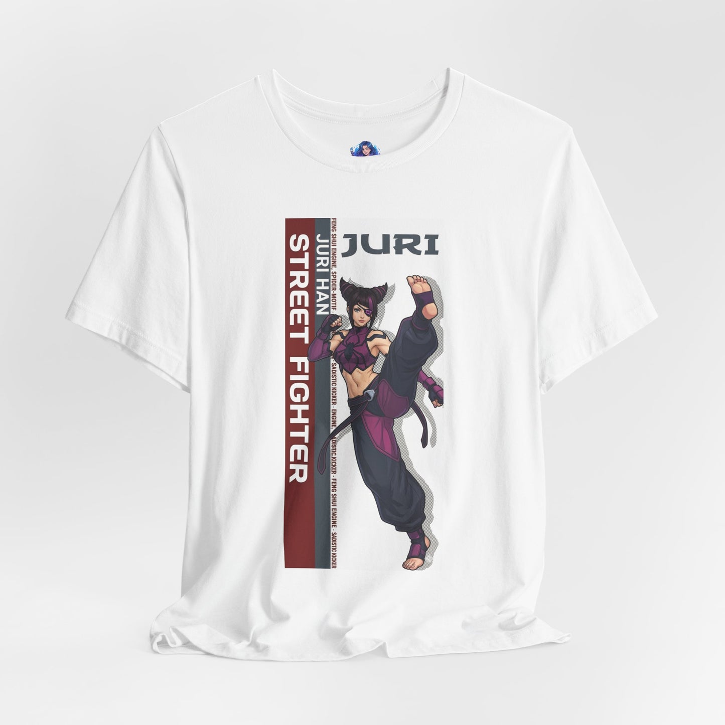 Juri Han T-Shirt | Street Fighter Anime Tee for Gamers & Fighting Game Fans white Bella Canvas tee featuring bold anime-style Juri kick design