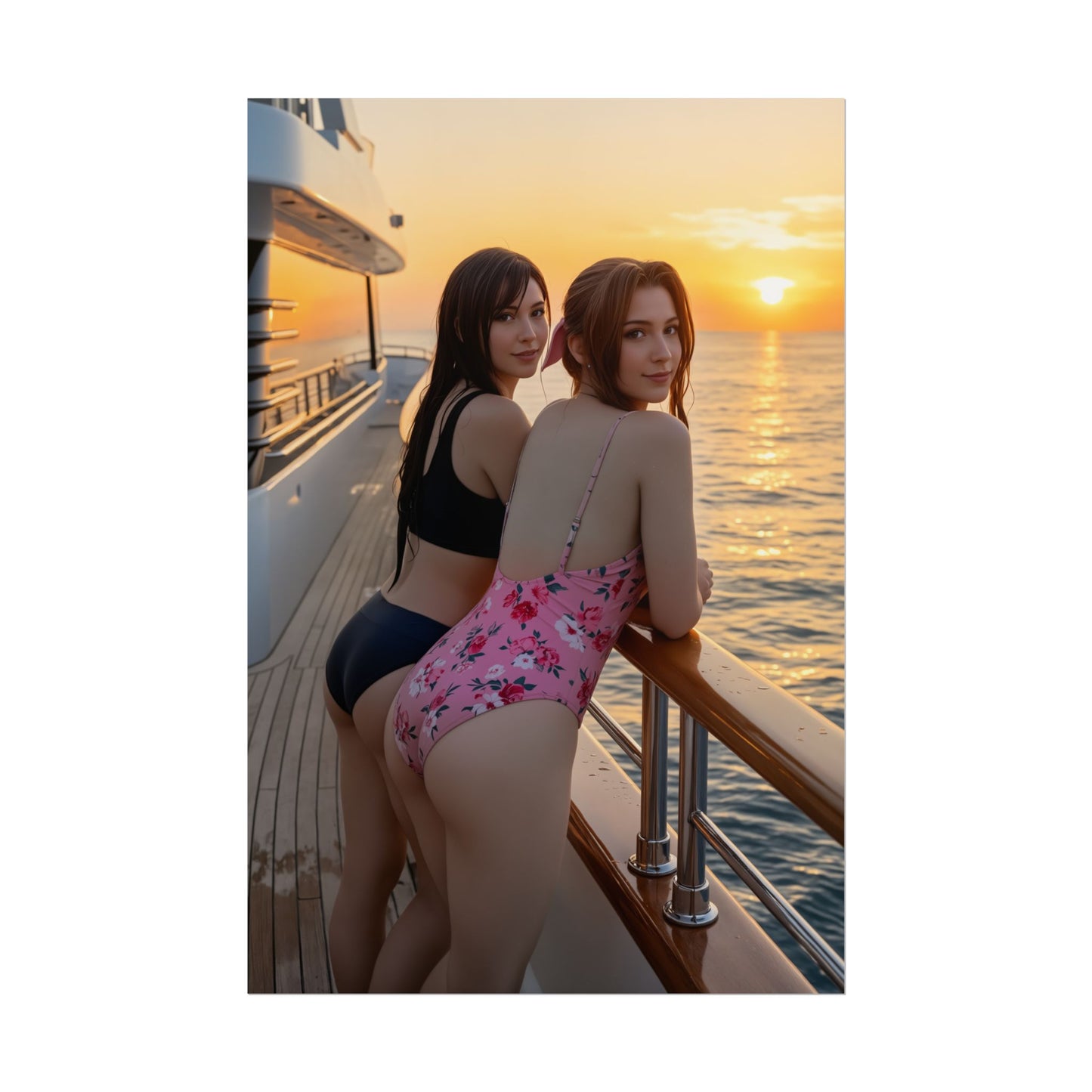 Tifa and Aerith Poster, Final Fantasy Art Print – Iconic RPG Heroines showing duo on yacht at sunset in vivid ultra-high resolution print