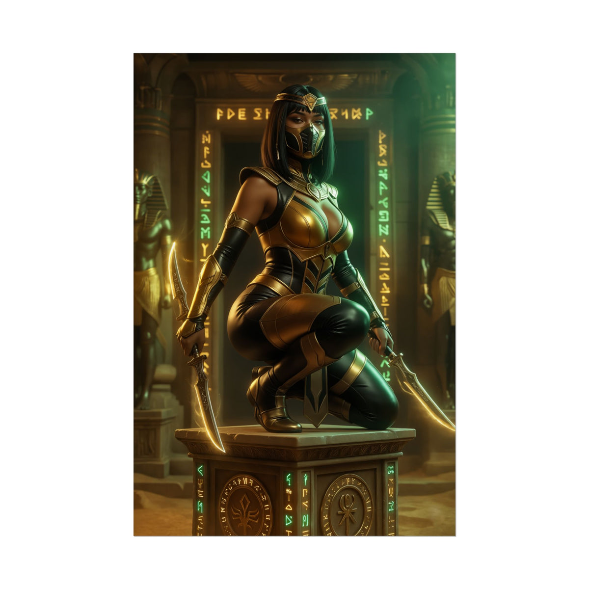Nadya Mortal Kombat Poster  Dark Fantasy Heroine Wall Art for Gamer Decor, fierce armored heroine kneeling with dual blades in Egyptian temple