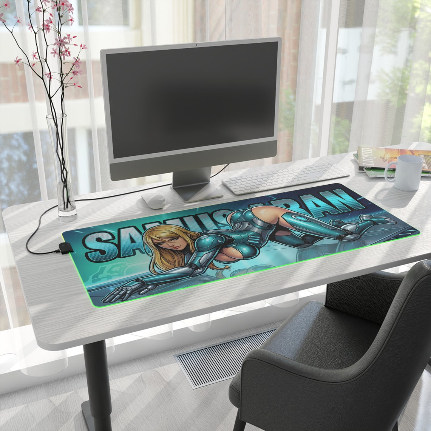 Samus Aran RGB Desk Mat, Futuristic Gaming Mouse Pad, LED Desk Mat for Gamer Setup showcasing Samus in dynamic sci-fi armor with glowing RGB edges
