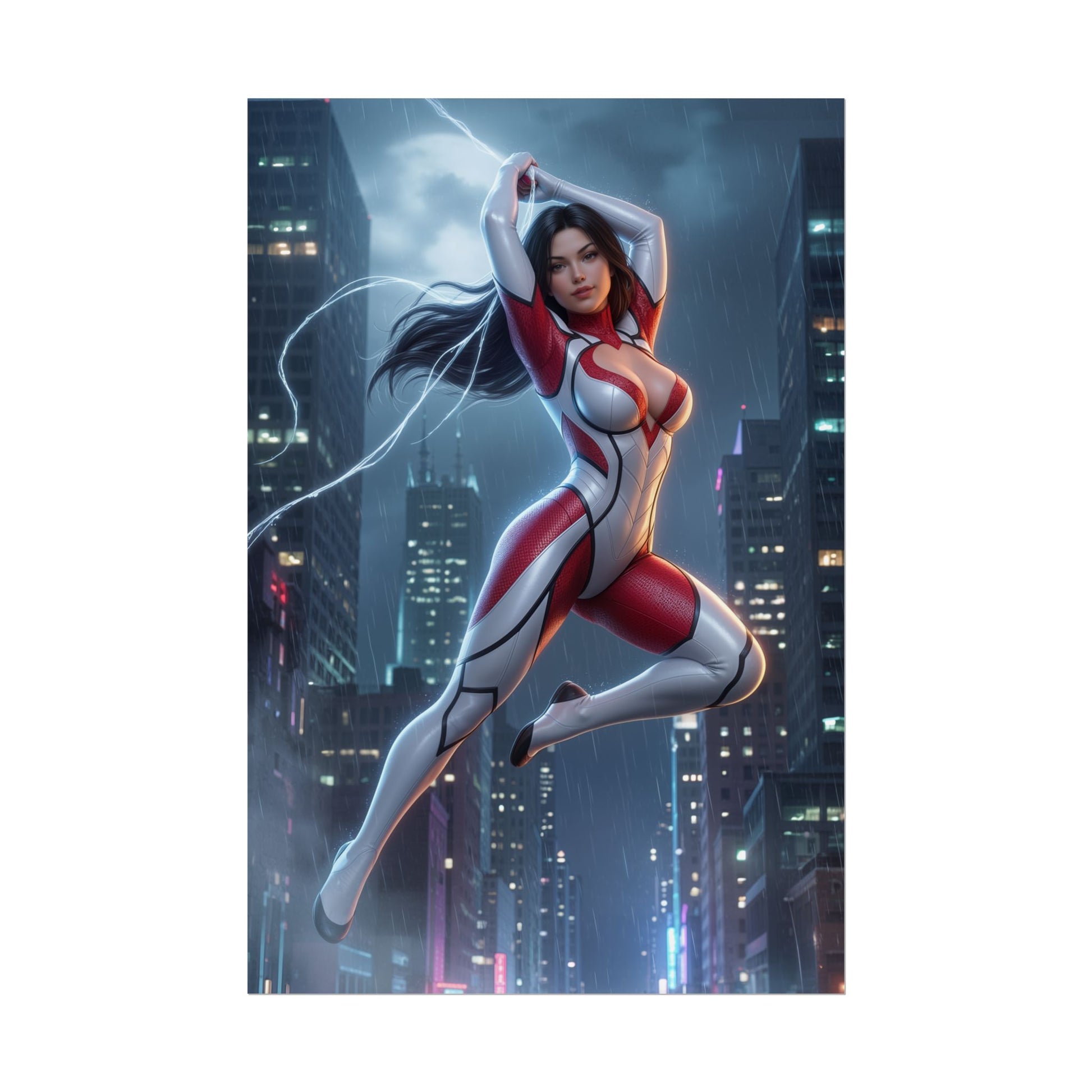 Spider-Woman Poster, Marvel Wall Art Print – Heroine Decor showing Spider-Woman in red-white suit leaping above a rainy neon city skyline