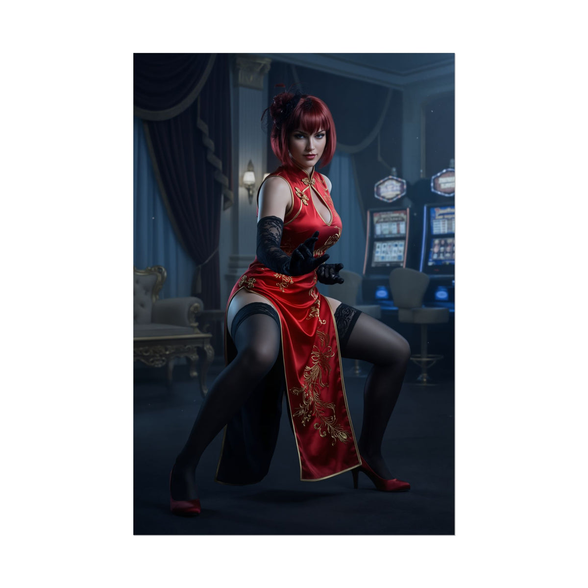 Anna Williams Tekken Poster  Iconic Fighting Game Heroine Wall Art, dramatic red cheongsam cosplay in casino setting