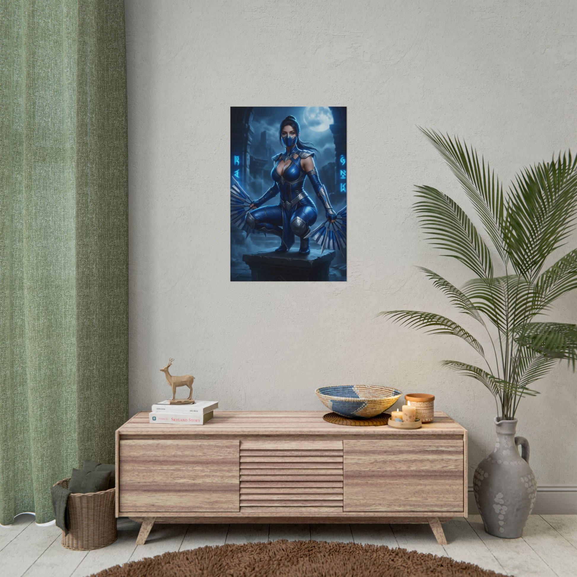 Kitana Mortal Kombat Poster – Iconic Fighting Game Heroine Wall Art, blue-toned fan poster displayed in modern living room