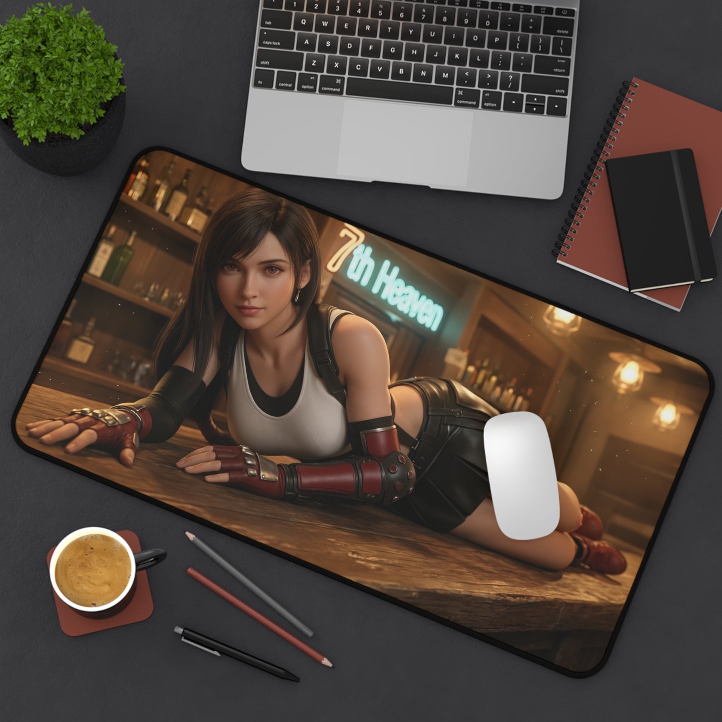 Tifa Lockhart Gaming Mouse Pad, Final Fantasy Desk Mat, RPG Heroine Setup featuring HD artwork of Tifa at 7th Heaven on a premium gaming desk mat
