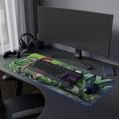 Cammy RGB Desk Mat, Fighting Game Gaming Mouse Pad, LED Desk Mat for Gamer Setup on desk with bold green military-inspired artwork and RGB lighting