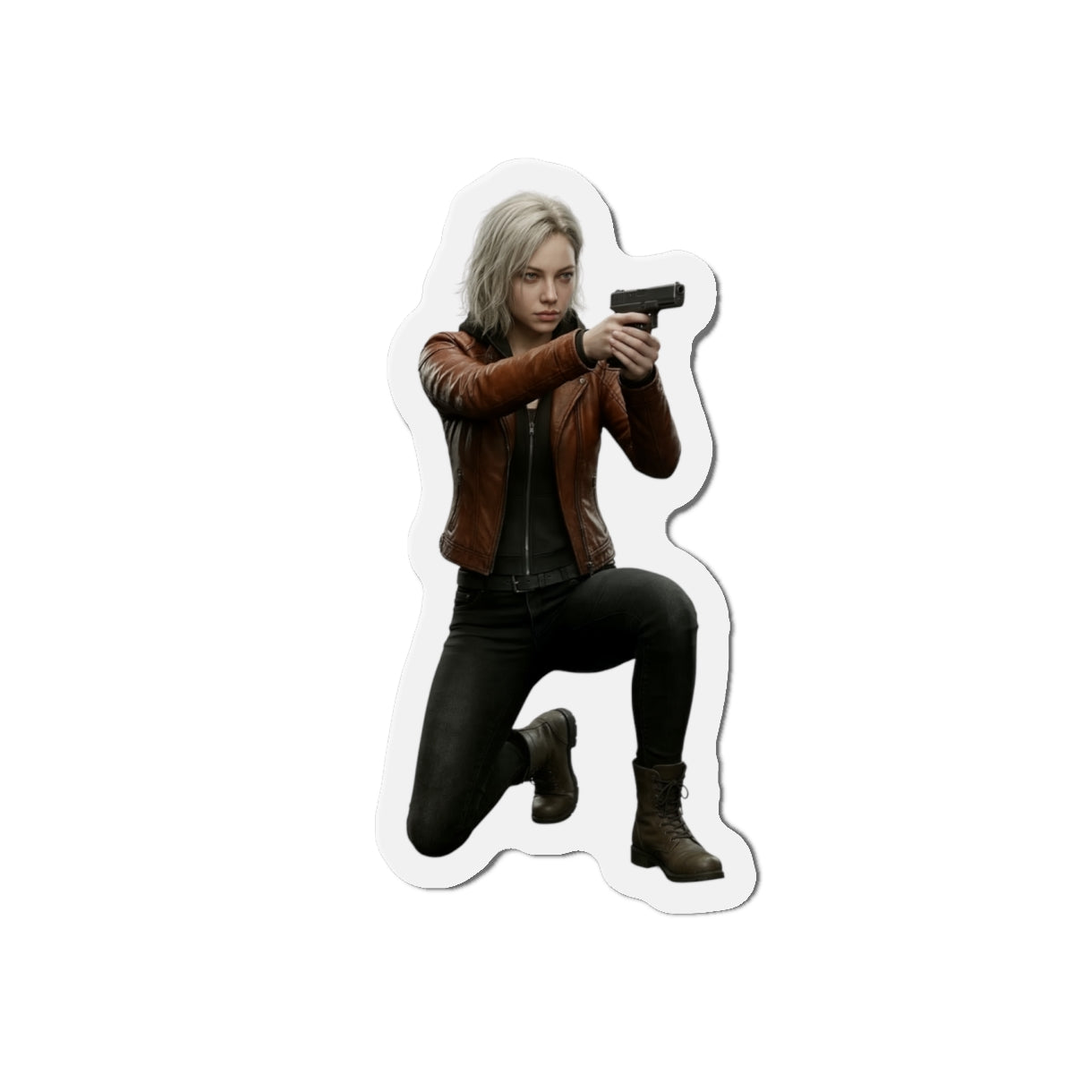 Grace Ashcroft Magnet, Resident Evil Fridge Magnet, Survival Horror Game Decor - kneeling character vinyl fridge magnet aiming handgun