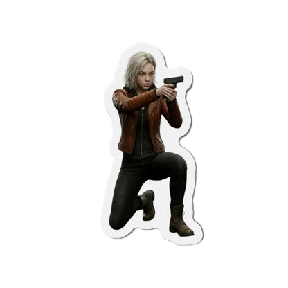Grace Ashcroft Magnet, Resident Evil Fridge Magnet, Survival Horror Game Decor - kneeling character vinyl fridge magnet aiming handgun